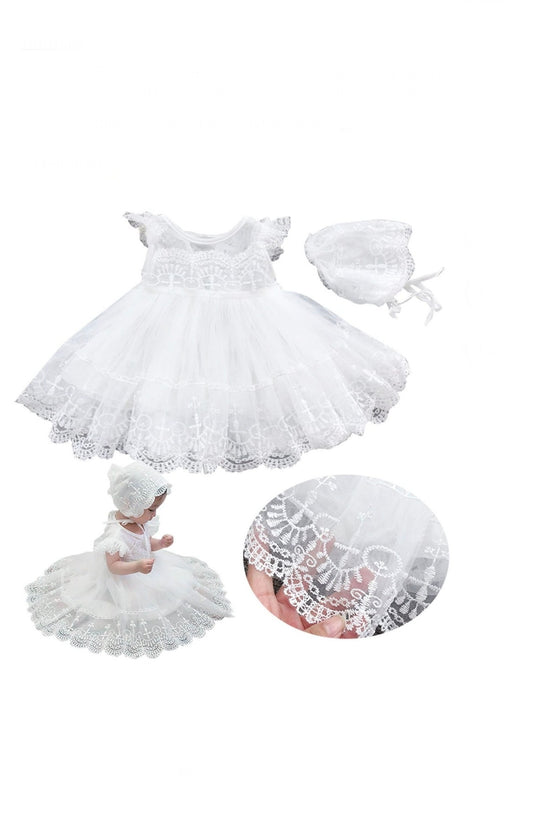 Baby Girls Baptism Christening Dress – White Lace Ruffled Gown, 3-6 Months