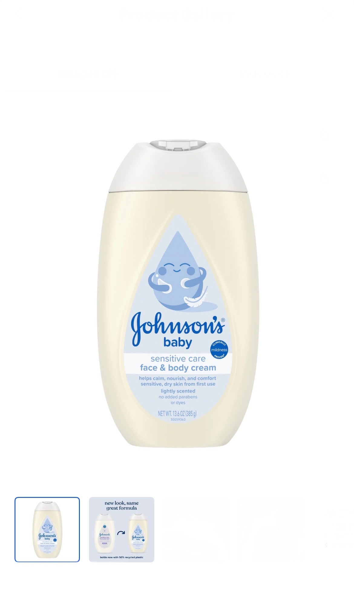 Johnson's Sensitive Care Face & Body Baby Cream, Light Scent, 13.6 oz