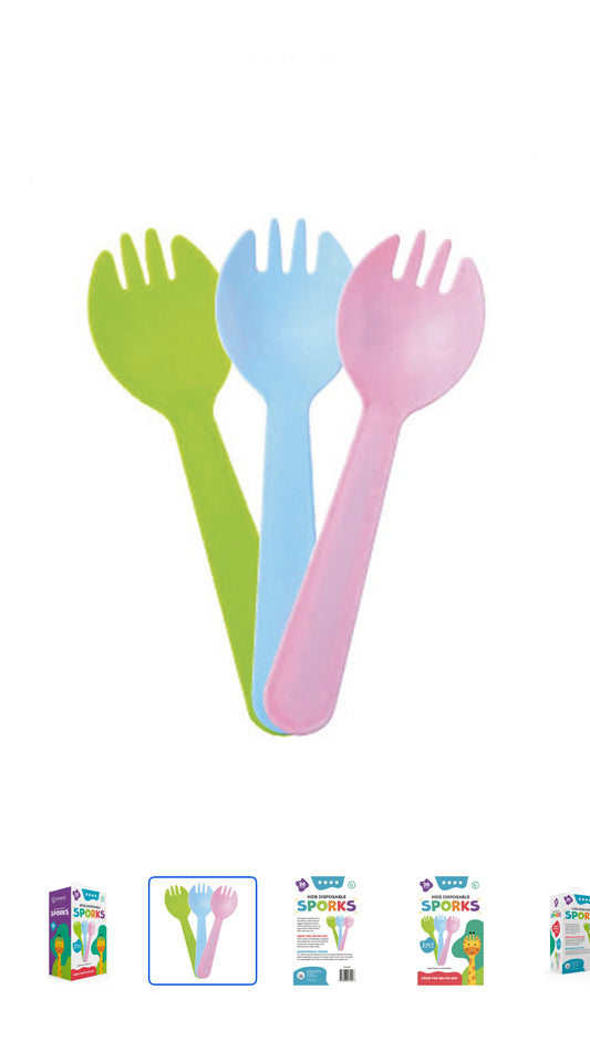 4th Utensil Kids Disposable Sporks, 30 Count, 3 Colors, Individually Wrapped