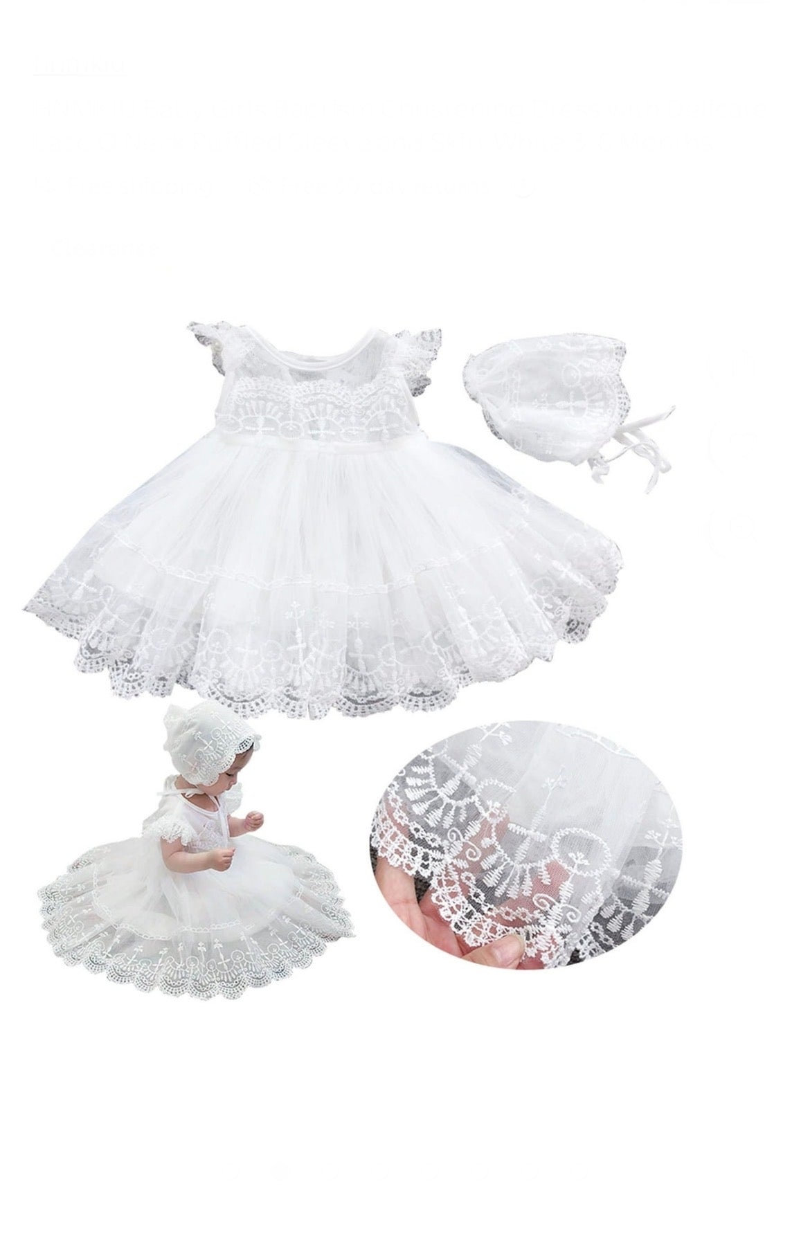 Baby Girls Baptism Christening Dress – White Lace Ruffled Gown, 3-6 Months
