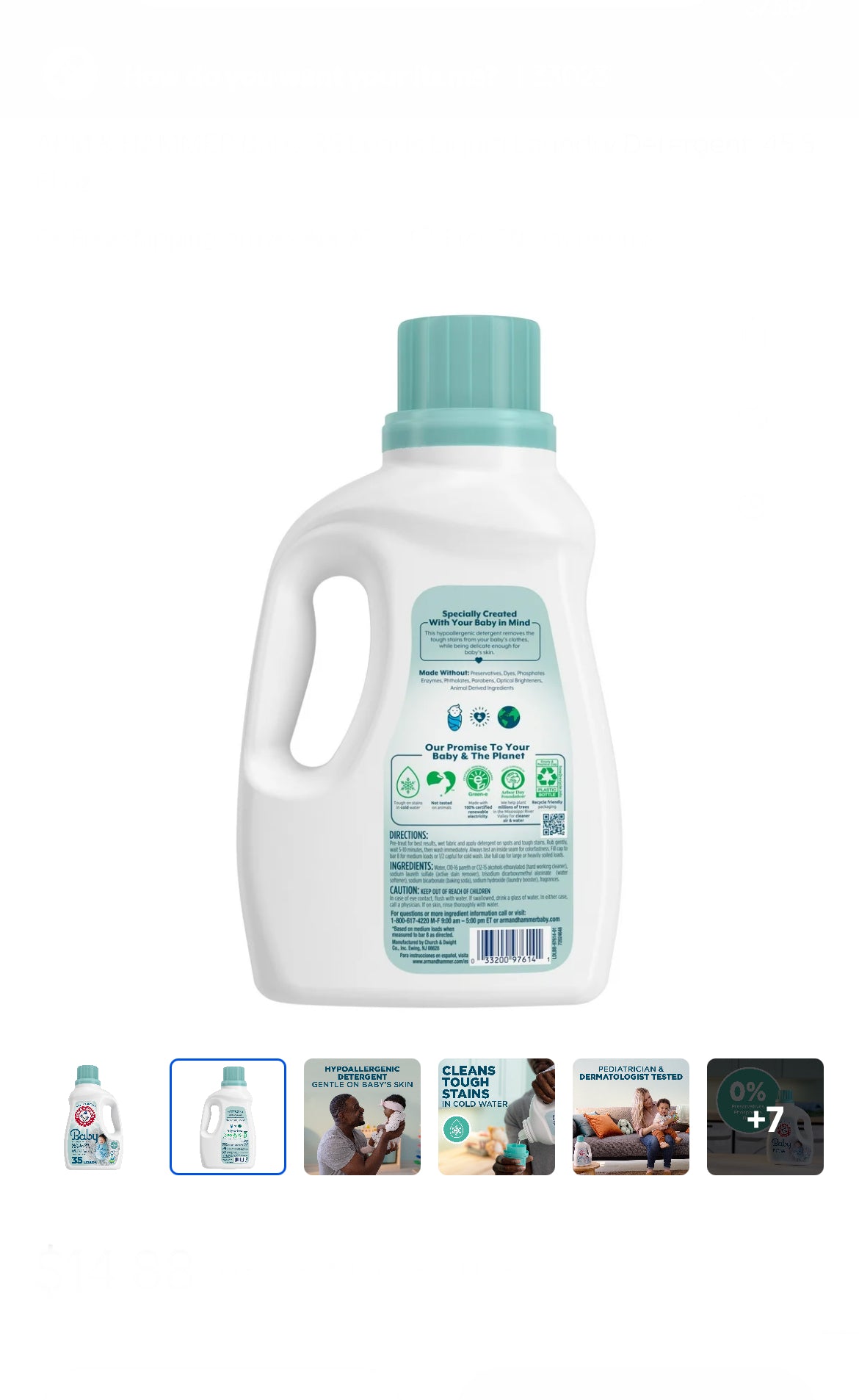 ARM & HAMMER Baby, 35 Loads Liquid Laundry Detergent, 45.5 Fl oz image 1