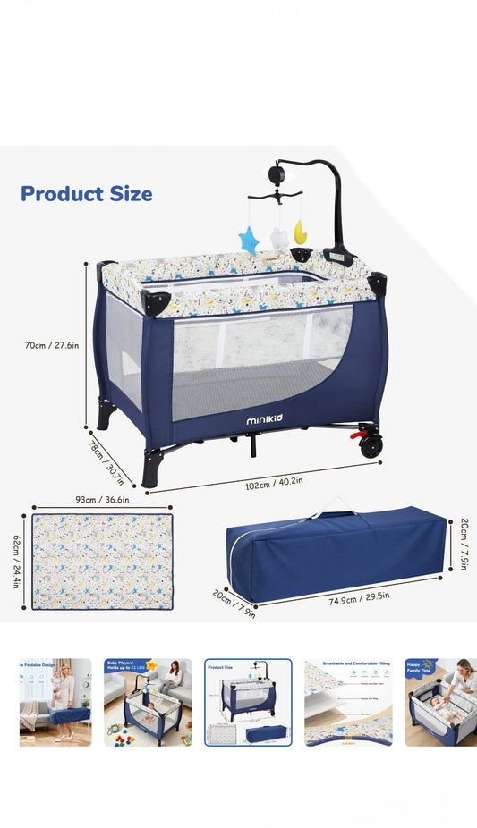 Minikid Nursery Center Playard with Bassinet Music and Toys, Baby Playpen for Newborn to Toddlers,Blue
