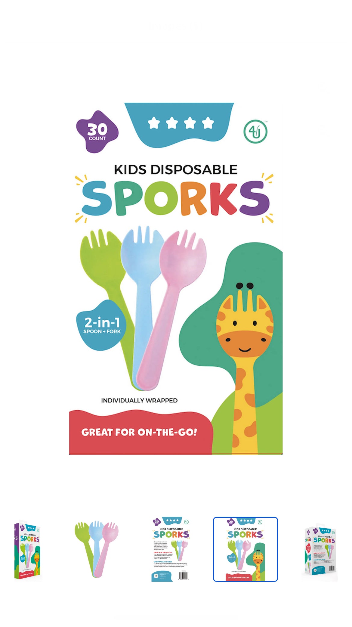 4th Utensil Kids Disposable Sporks, 30 Count, 3 Colors, Individually Wrapped
