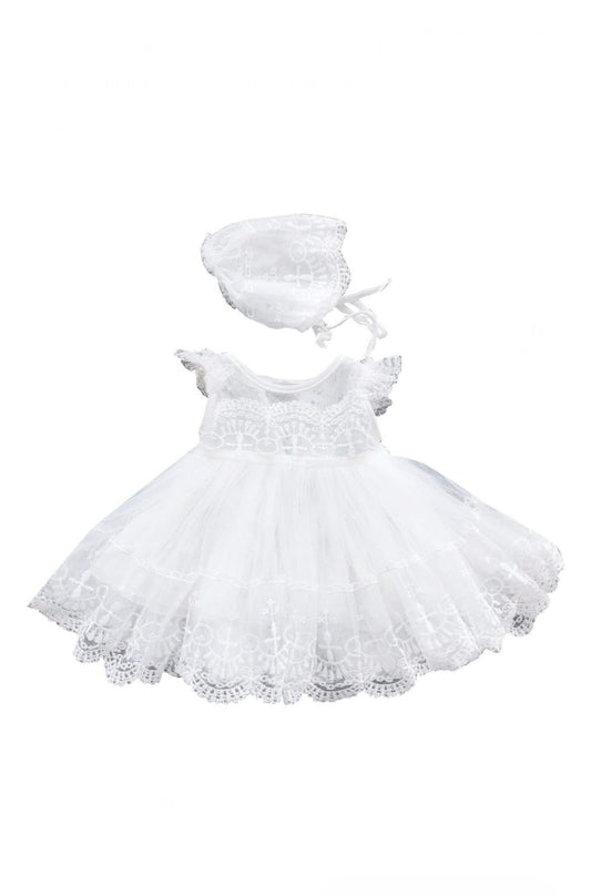 Baby Girls Baptism Christening Dress – White Lace Ruffled Gown, 3-6 Months