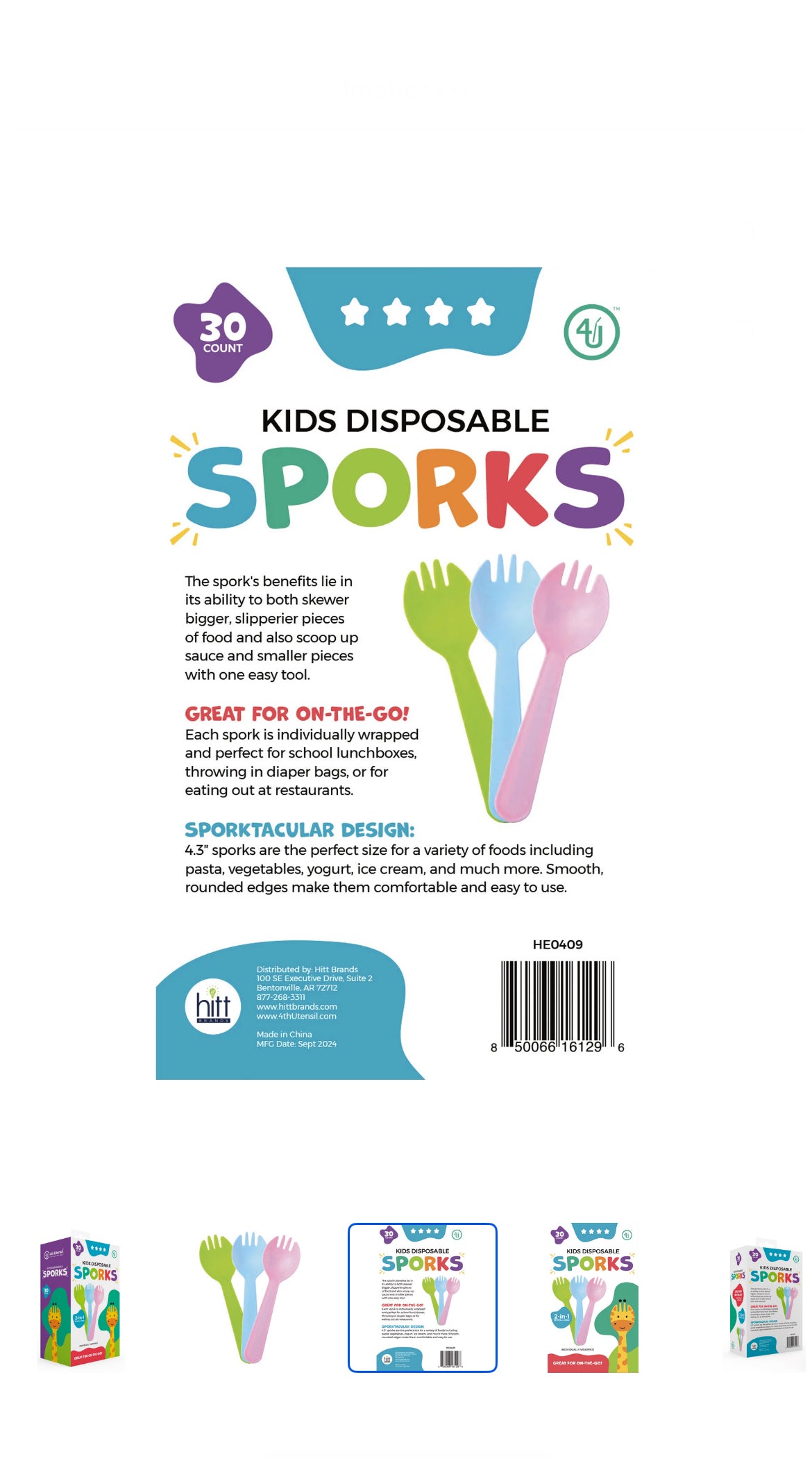 4th Utensil Kids Disposable Sporks, 30 Count, 3 Colors, Individually Wrapped