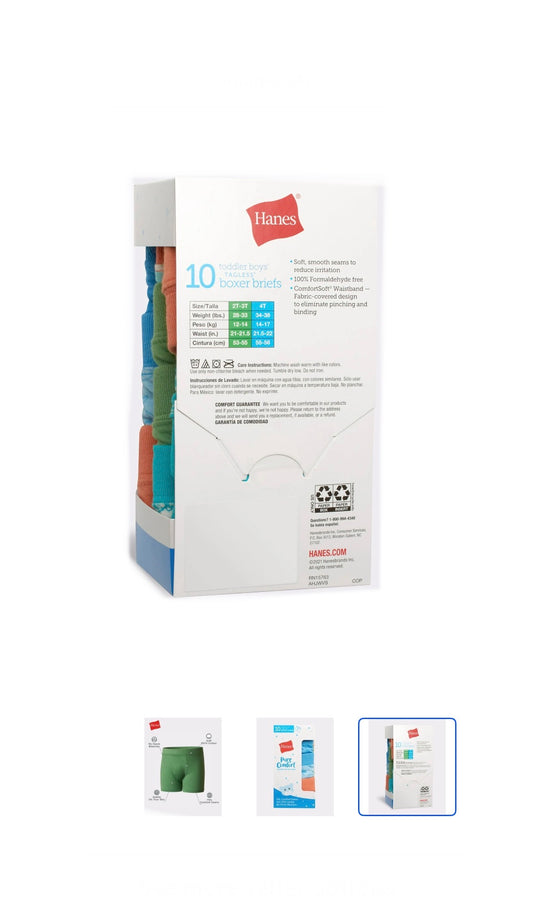Hanes Boxer Briefs 10-Pack Toddler Boys Pure Comfort Cotton Smooth Soft Tagless