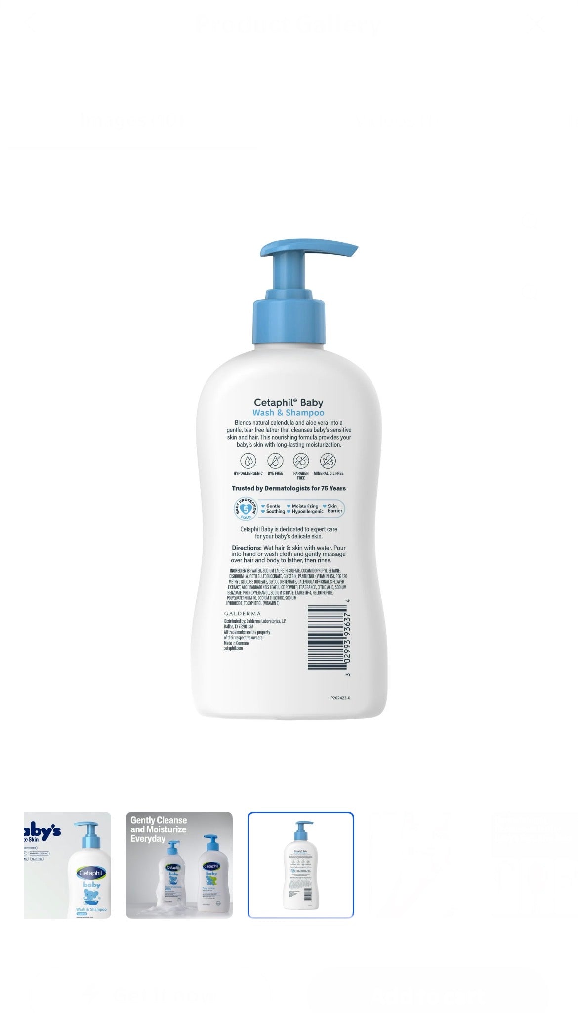 Cetaphil Baby Moisturizing Shampoo and Body Wash with Aloe Vera&nbsp;and Natural Calendula, 13.5 fl oz