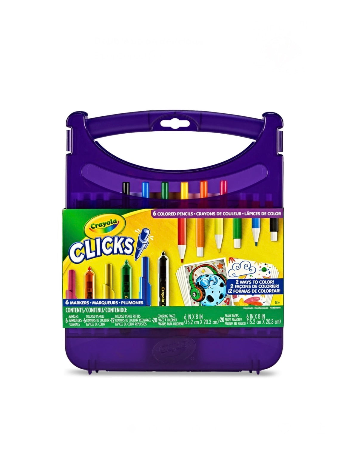 Crayola Clicks Art Set for Kids, Retractable No-Dry Tips, Travel Activity Kit with Washable Markers, Pencils, Refills & Paper, Gift for Kids, Ages 4+